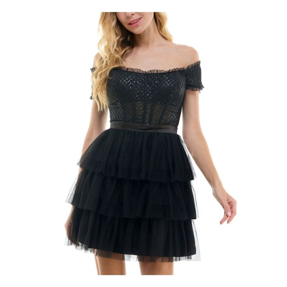 CITY STUDIO Womens Short Dress Black Short Sleeve Formal Rib Cage Juniors 0